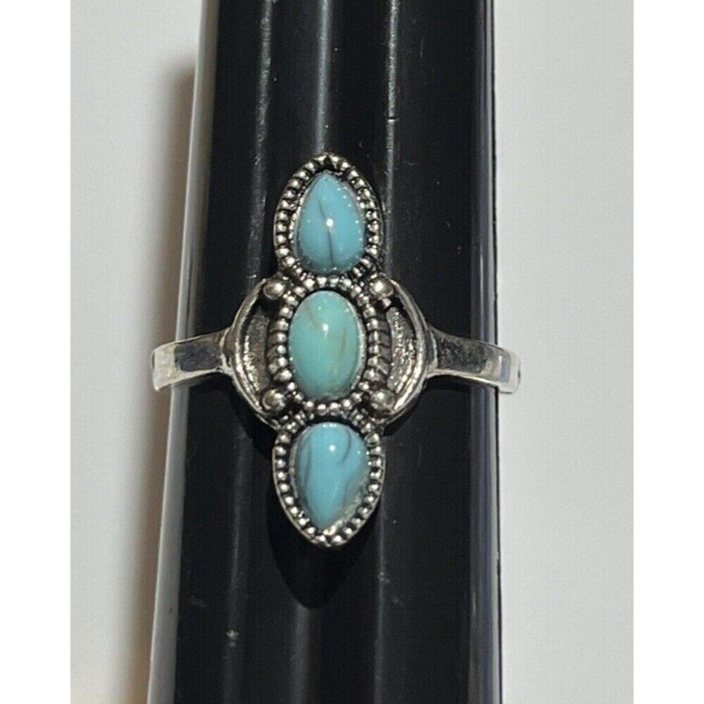 Cocktail Costume Rings Lot Of 2 Silver Tone Rhinestones Faux Turquoise Sz 9/9.25